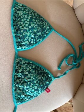 Sequin Triangle Bikini Top in Teal - Stylish Sparkle Swim